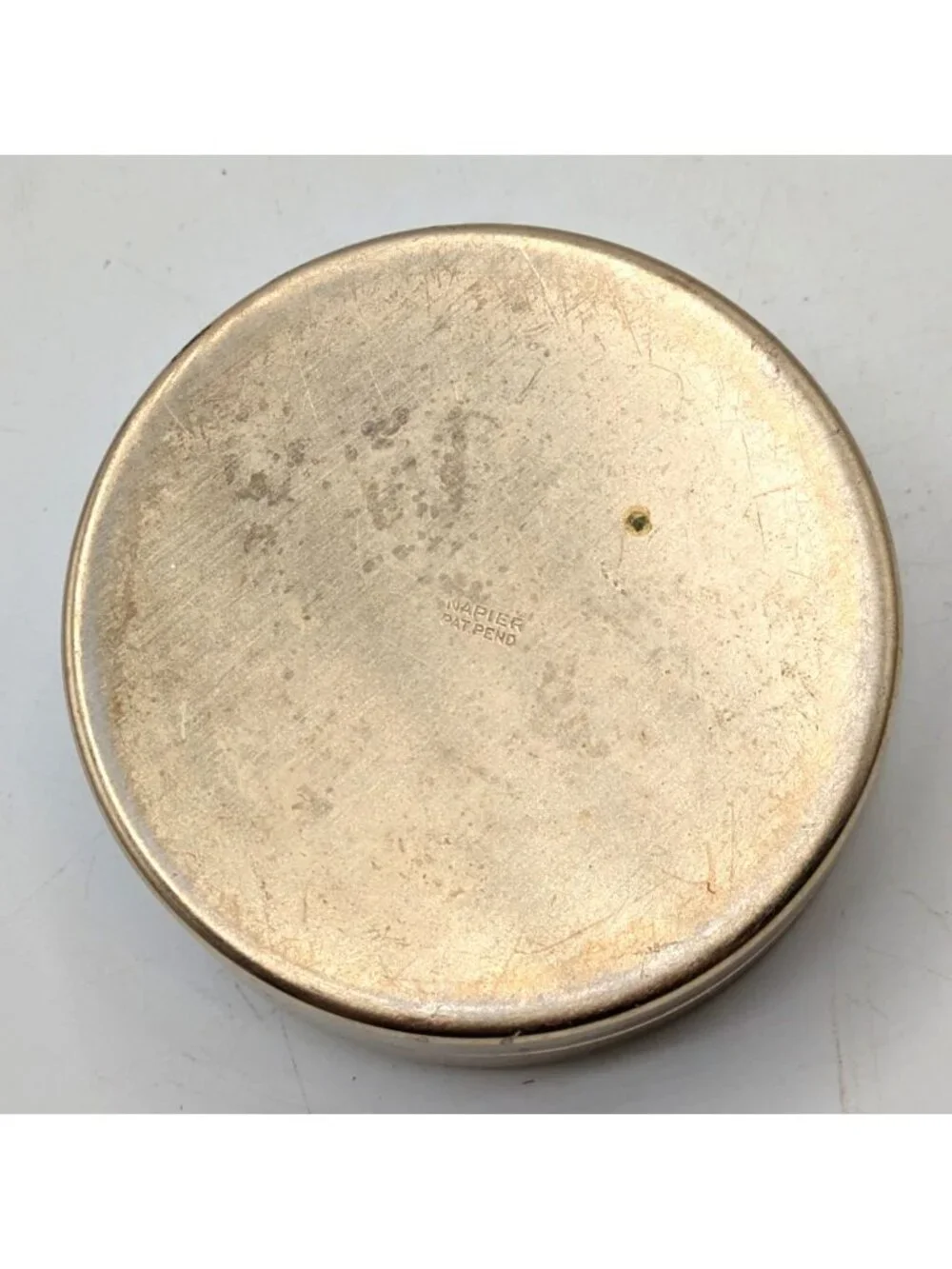 Vintage Napier Gold Tone Metal Trinket Pill Box Round Red Velvet Lining 2.5